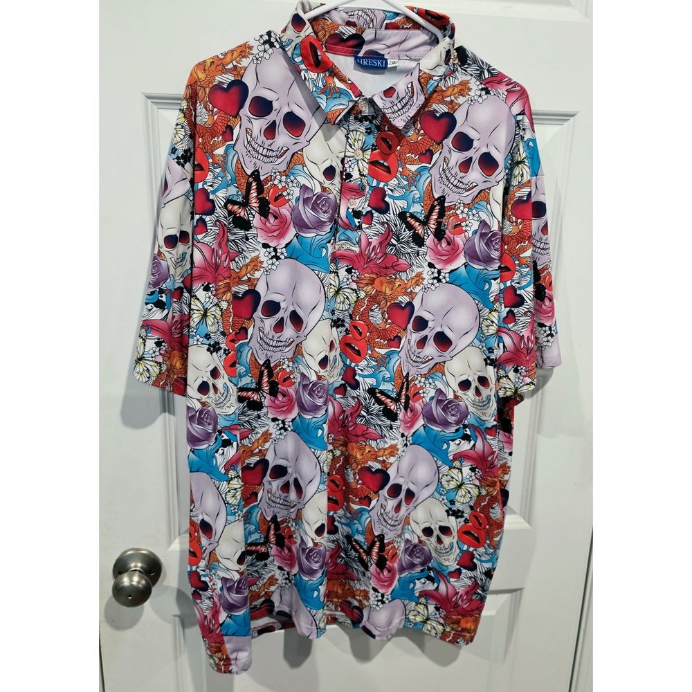 Hreski Polo Shirt Mens 2XL Multicolor Polyester Spandex Golf Skulls Roses Edgy